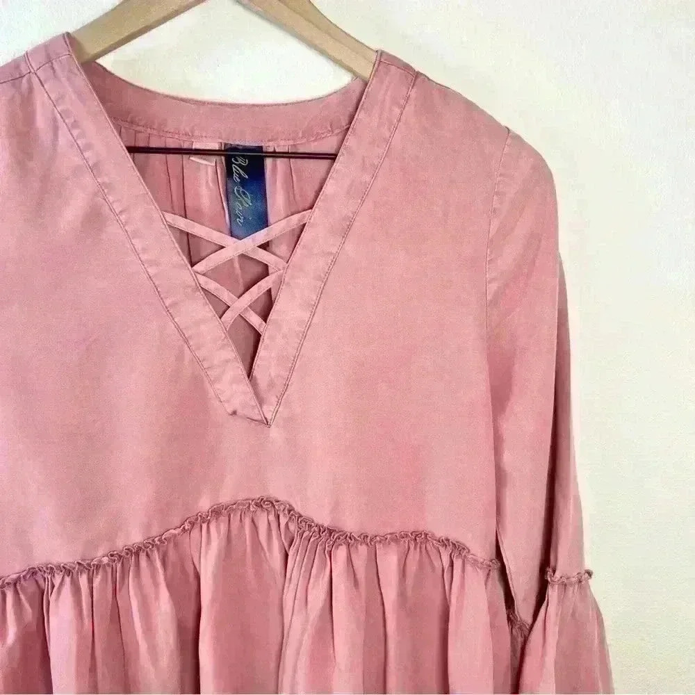 Blue Rain Pink Peplum Bell Sleeve Blouse with Crisscross Neckline Size Small - Picture 3 of 14